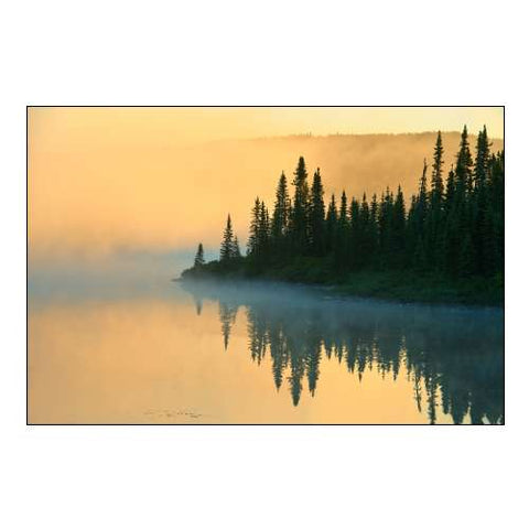 Canada-Quebec-Chibougamau Lake in Fog at Sunrise