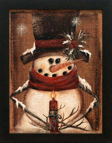 Burlap Snowman Holding Candle: Framed and Texturized Art Print