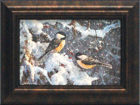 Two Chickadees Glittered: Framed and Texturized Art Print
